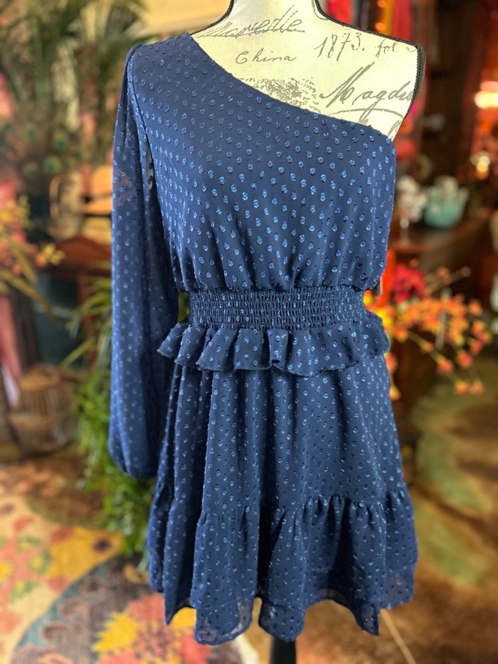 NWT Altar’d State Navy One Shoulder Ruffle Smocked Mini Dress Size L